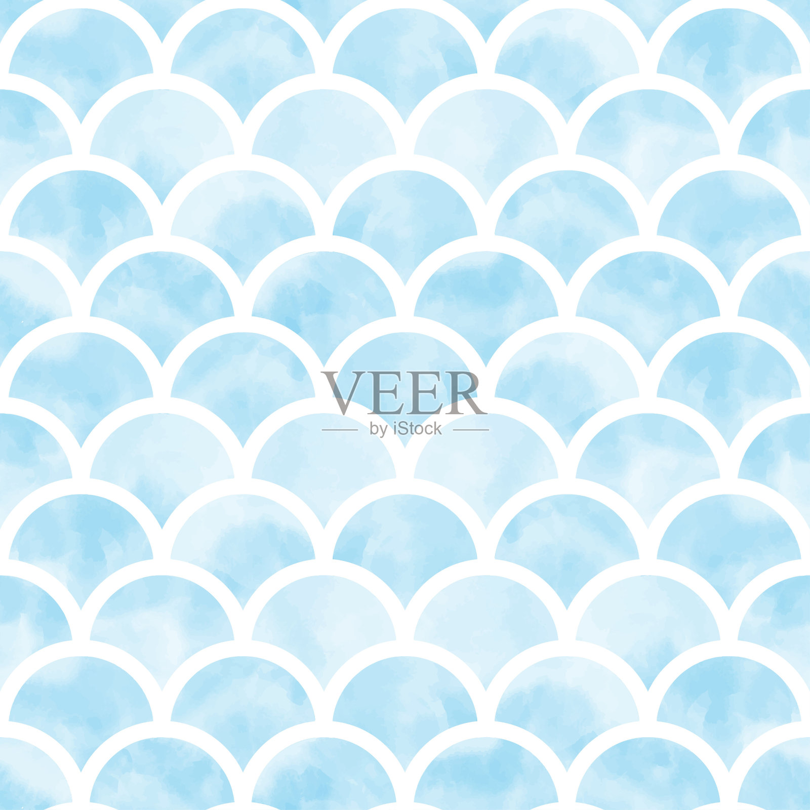 蓝色水彩美人鱼扇贝无缝图案矢量插图孤立在白色。插画图片素材