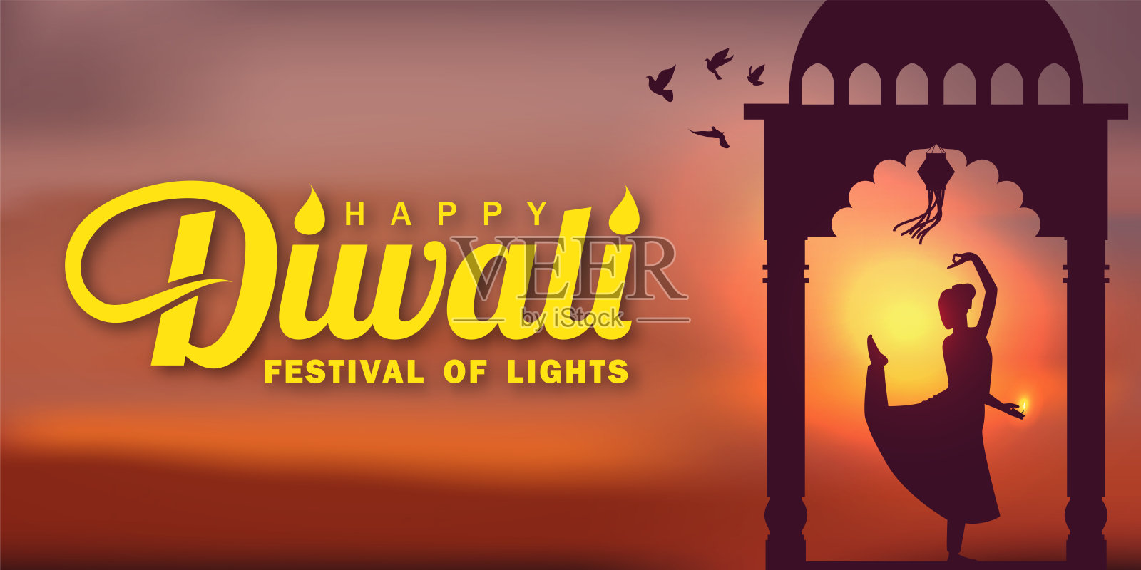排灯节的旗帜与剪影的女人在日落的迪亚油灯跳舞。向量设计模板素材