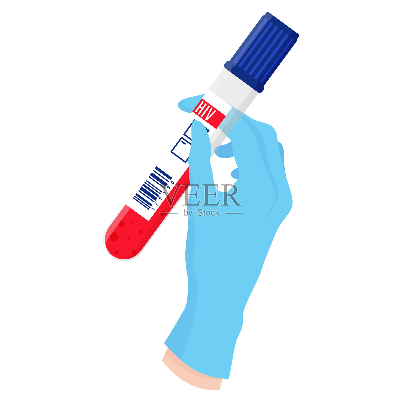 矢量卡通医生手戴蓝色手套手持试管。插画图片素材
