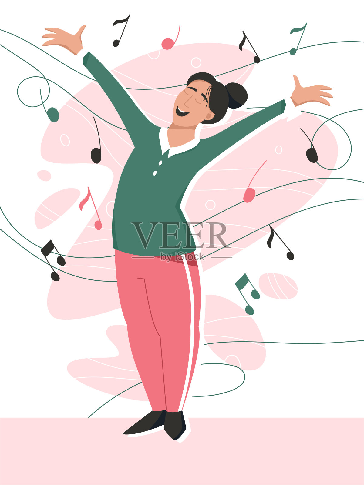 快乐微笑的妇女举手矢量平面卡通插图。被纸条包围的可爱女孩。插画图片素材