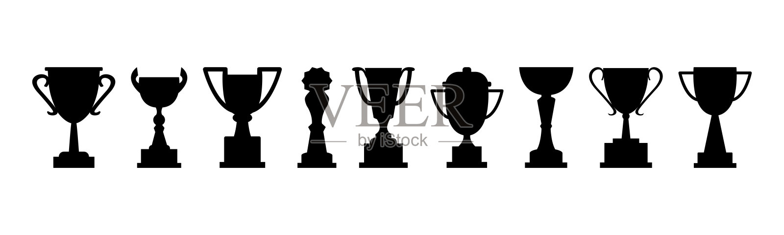 奖励杯子向量集,奖杯黑色图标,运动冠军奖。赢家插图插画图片素材