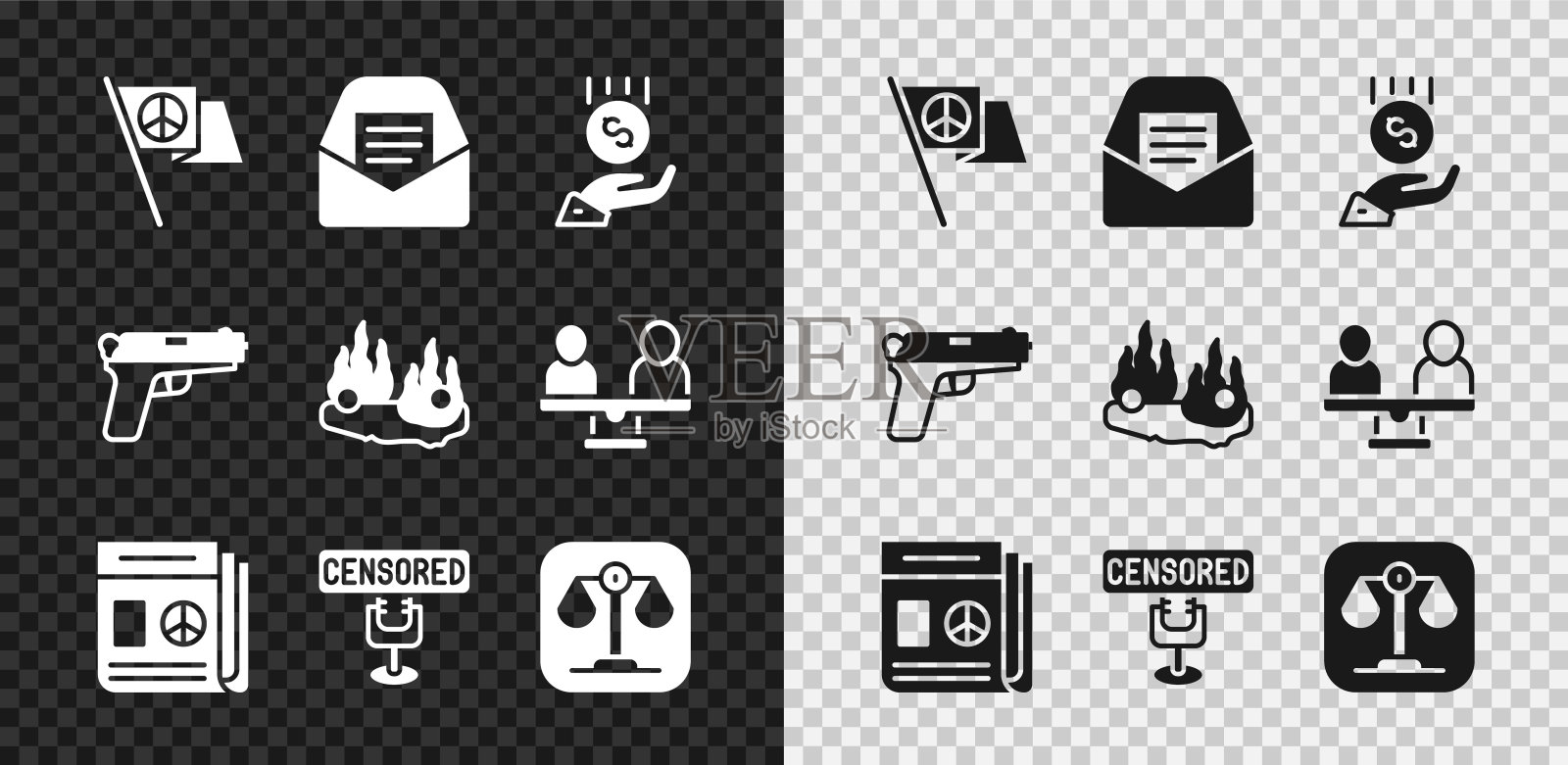 设置和平,邮件和电子邮件,硬币在手上最低工资,新闻,审查邮票,天平的正义,手枪和燃烧的汽车图标。向量插画图片素材