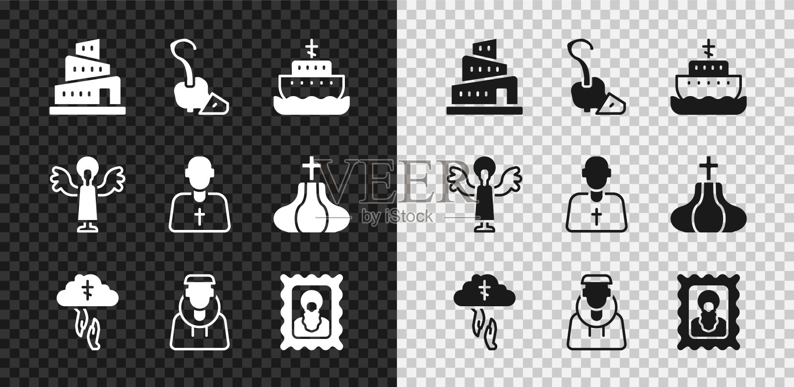 设置巴别塔圣经故事,魔术棒,诺亚方舟,上帝的帮助之手,僧侣,基督教的偶像,天使和牧师的偶像。向量图标素材