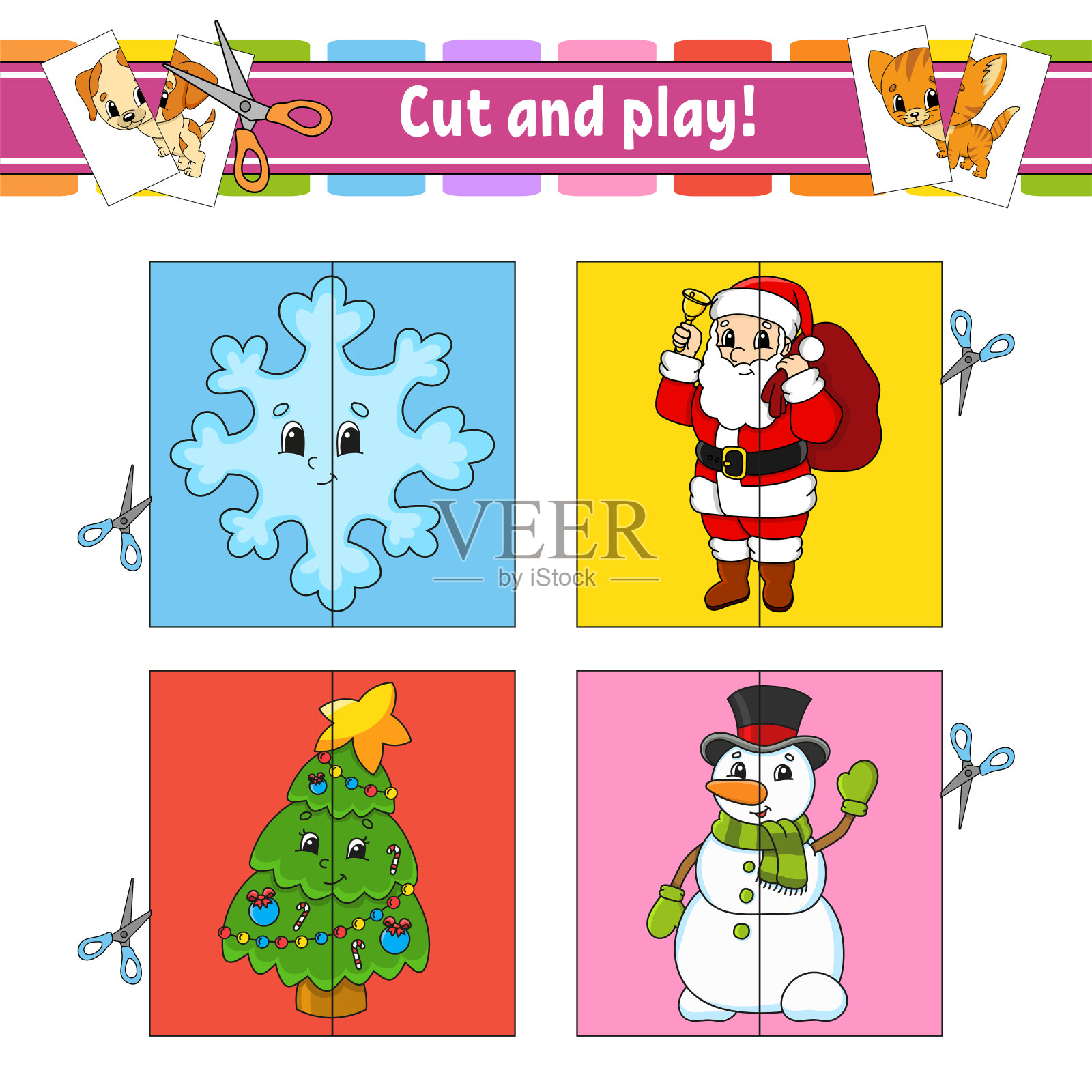 剪切和玩。卡片。彩色拼图。教育发展工作表。活动页面。游戏对孩子们。有趣的角色。孤立的矢量图。卡通风格。插画图片素材