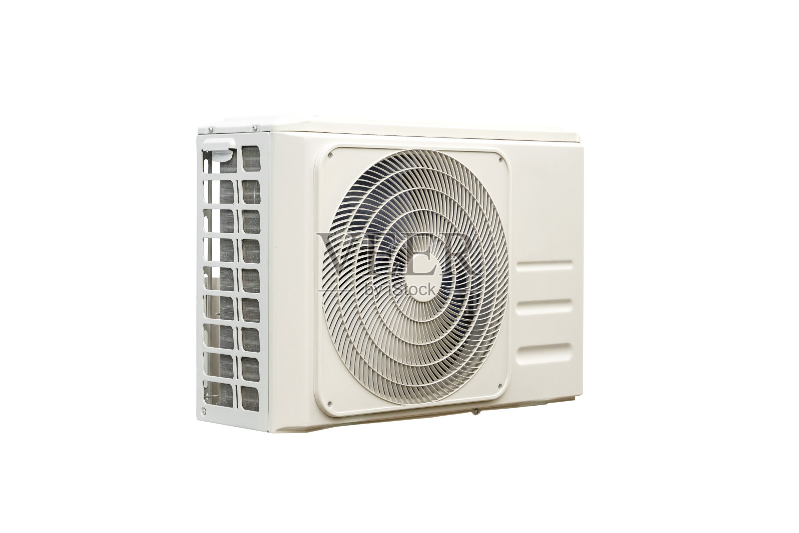 空调系统的冷凝机组隔离在带有剪切路径的白色上。照片摄影图片