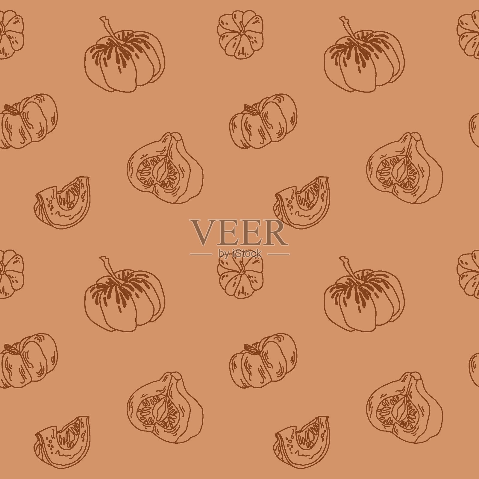 棕色线形南瓜和种子在一个图案的赭色背景上插画图片素材