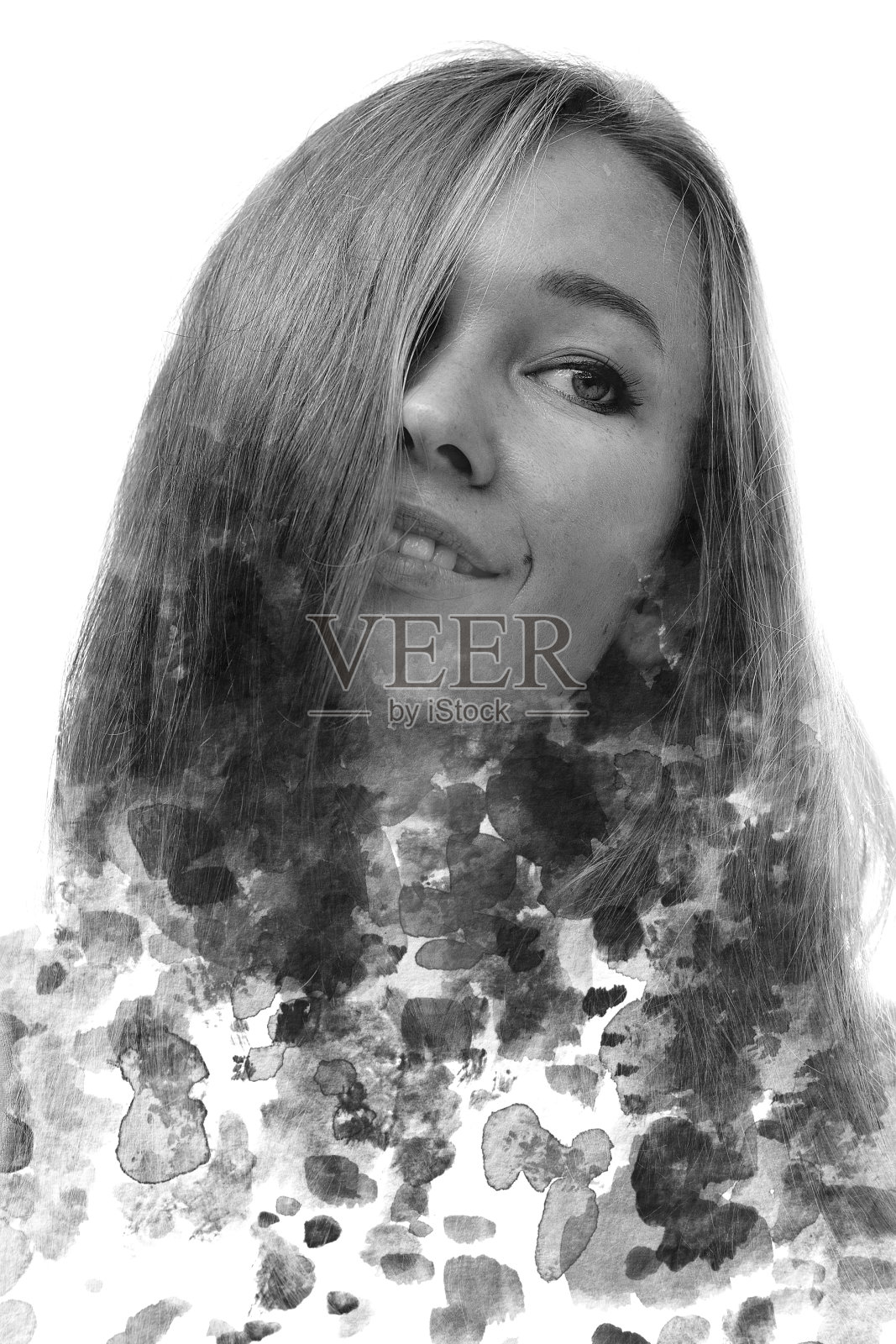 Paintography。一幅黑白的女人肖像,结合了墨水飞溅。照片摄影图片