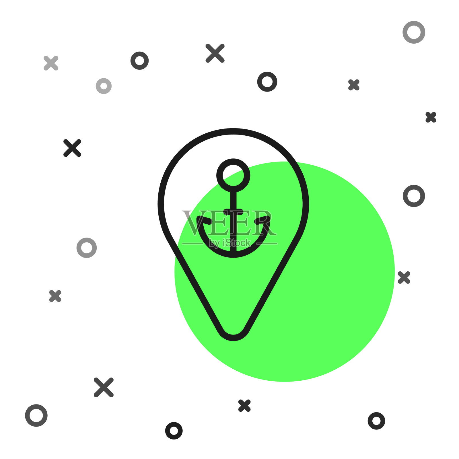 黑色线地图指针与锚图标隔离图标素材