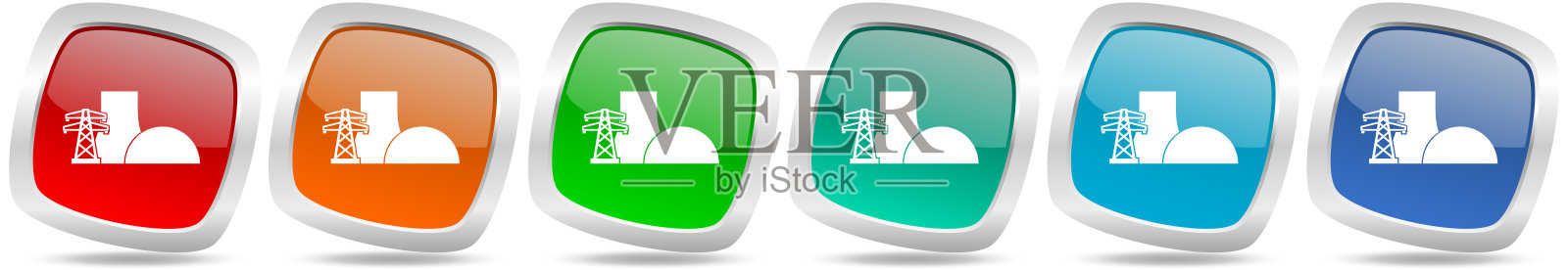 核电站矢量图标集,现代设计,银色金属光泽多彩的网页按钮集合图标素材