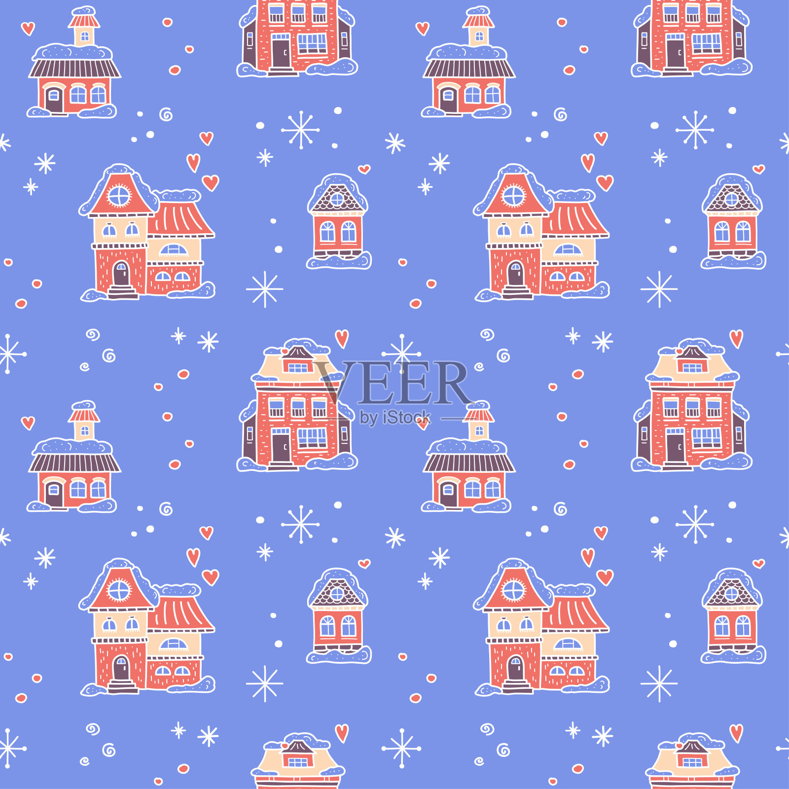 圣诞节无缝模式与冬季小镇。插画图片素材