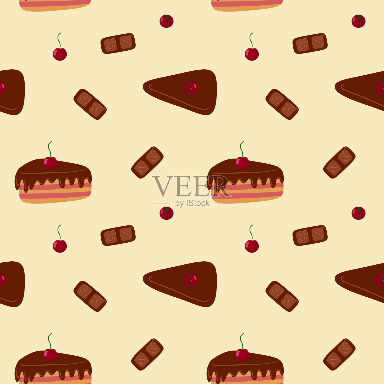 图案甜美可口的蛋糕。卡通风格手绘矢量插图。奶油、浆果和巧克力蛋糕。用于贺卡,餐馆和面包店菜单。插画图片素材