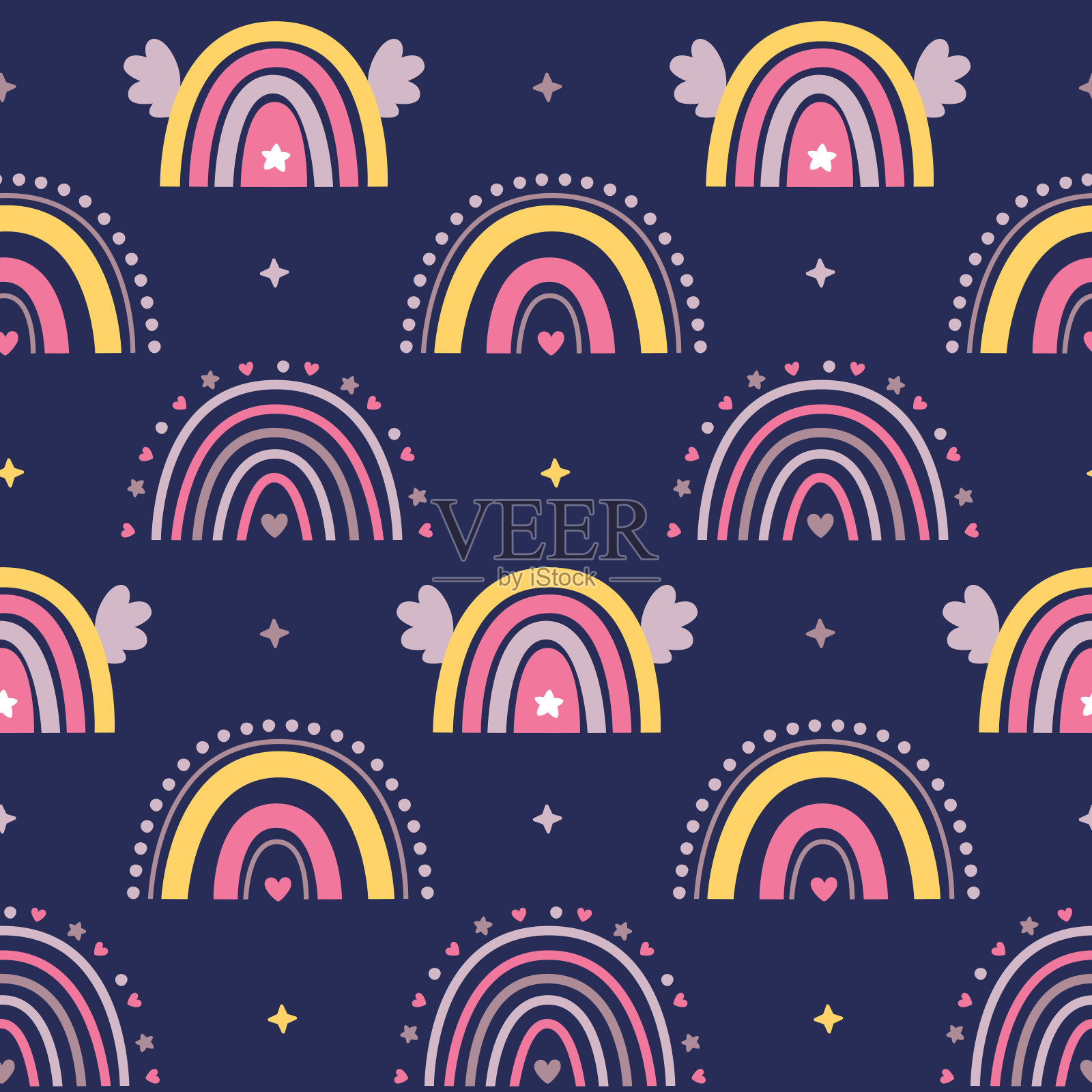 无缝的天空可爱矢量图案与彩虹,雨,星星,心插画图片素材