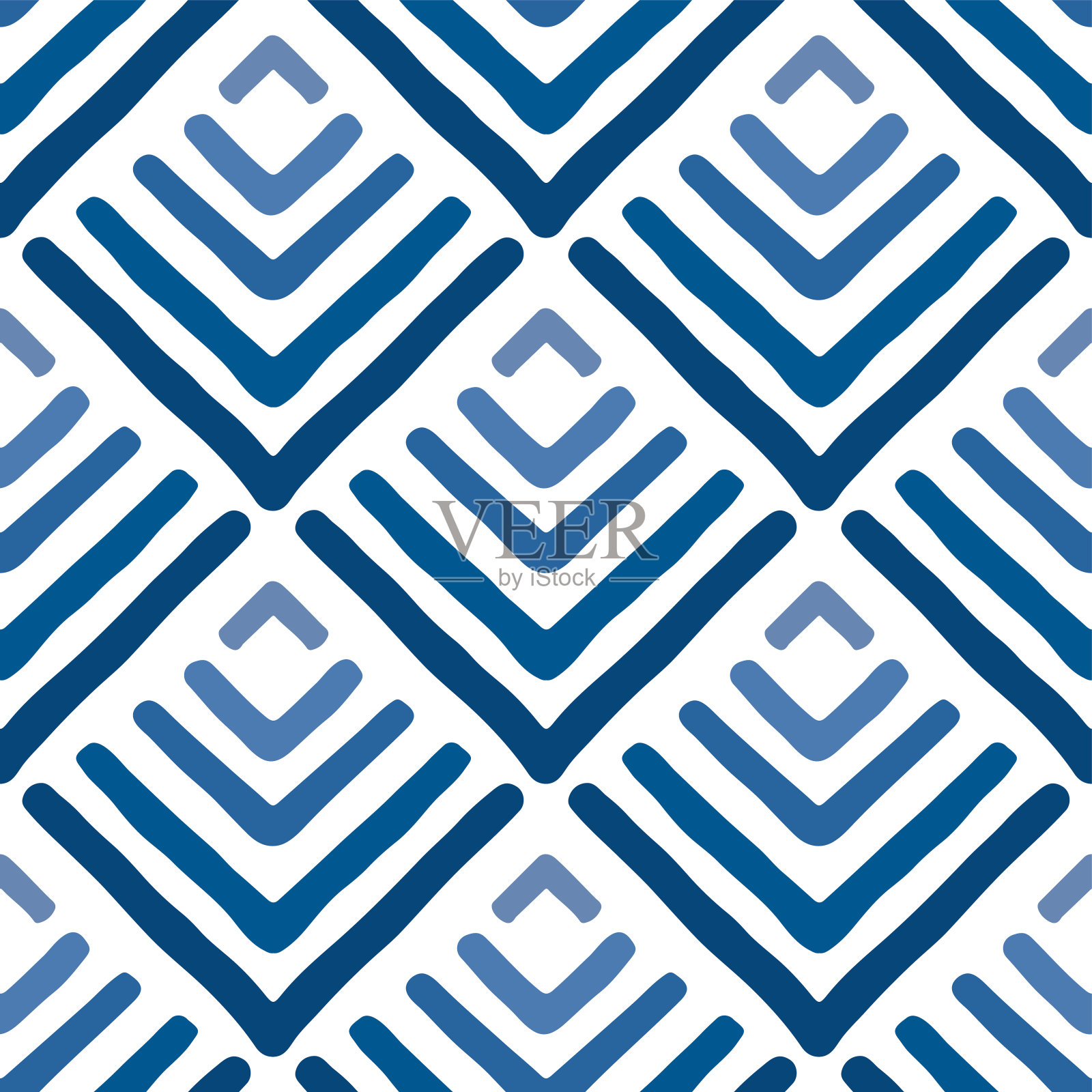 蓝色墨水菱形孤立在白色背景。几何无缝模式。矢量平面图形手绘插图。纹理。插画图片素材