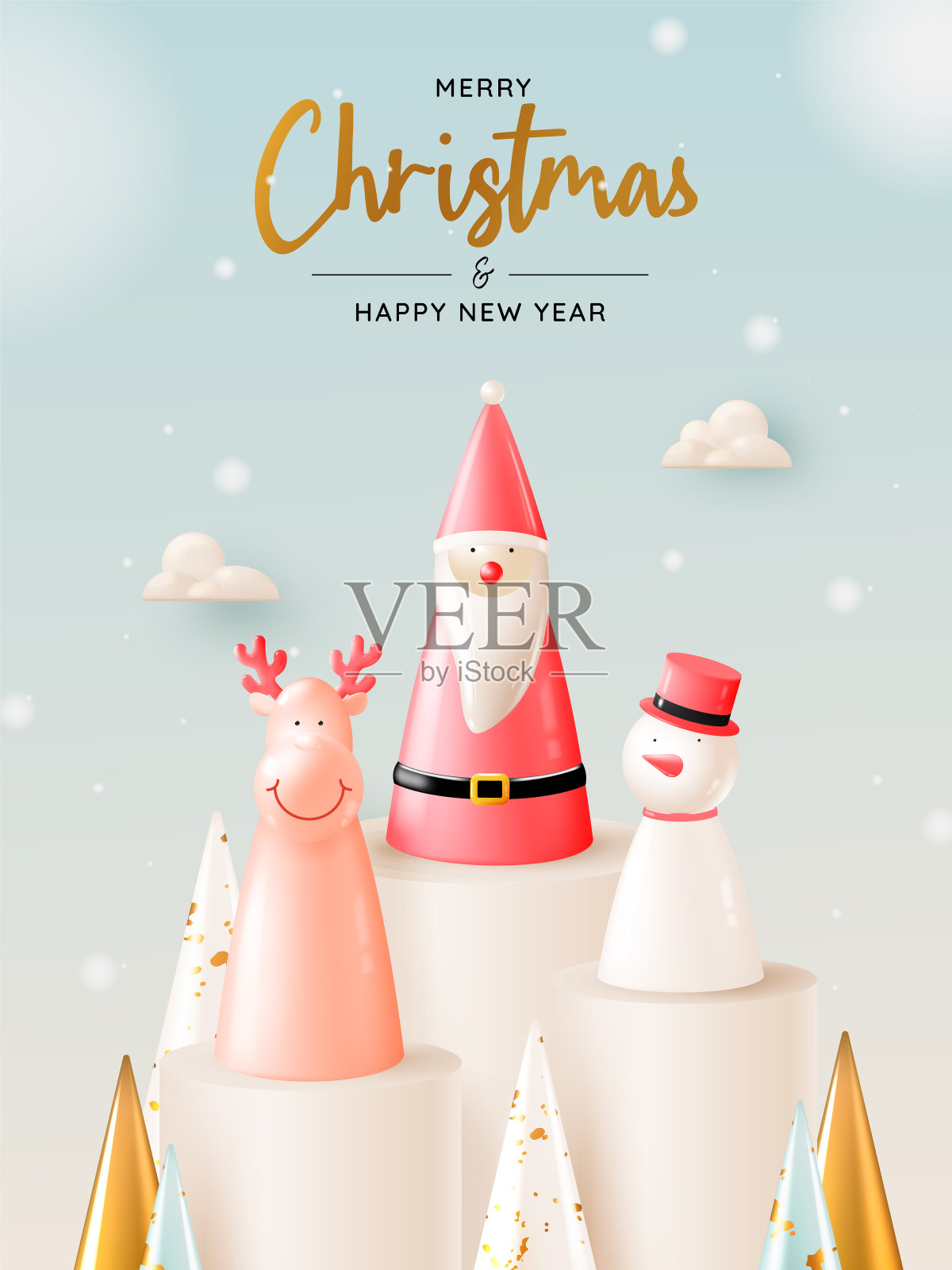 圣诞老人玩偶在三维现实风格与雪和圣诞树插画图片素材