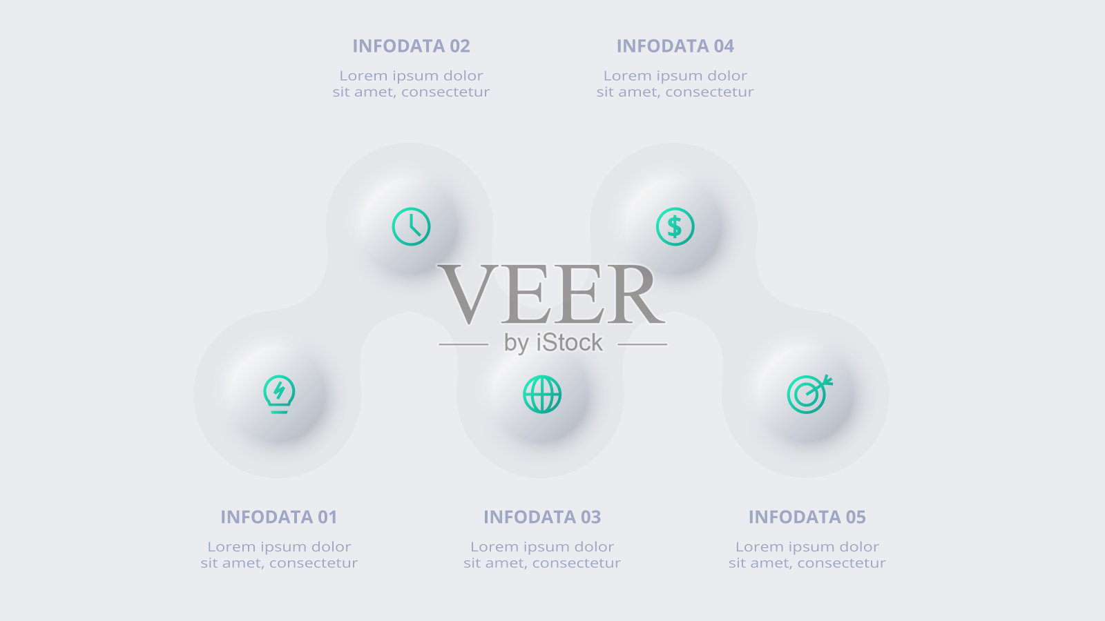 Neumorphic流程图信息图。具有5个步骤、选项、部分或过程的信息图表的创造性概念。插画图片素材