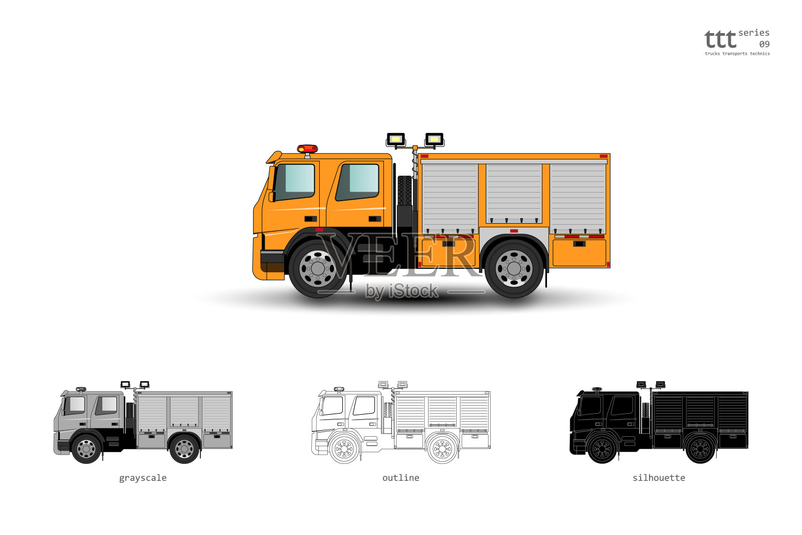 孤立的黄色的卡车。带可伸缩探照灯杆的救援车插画图片素材