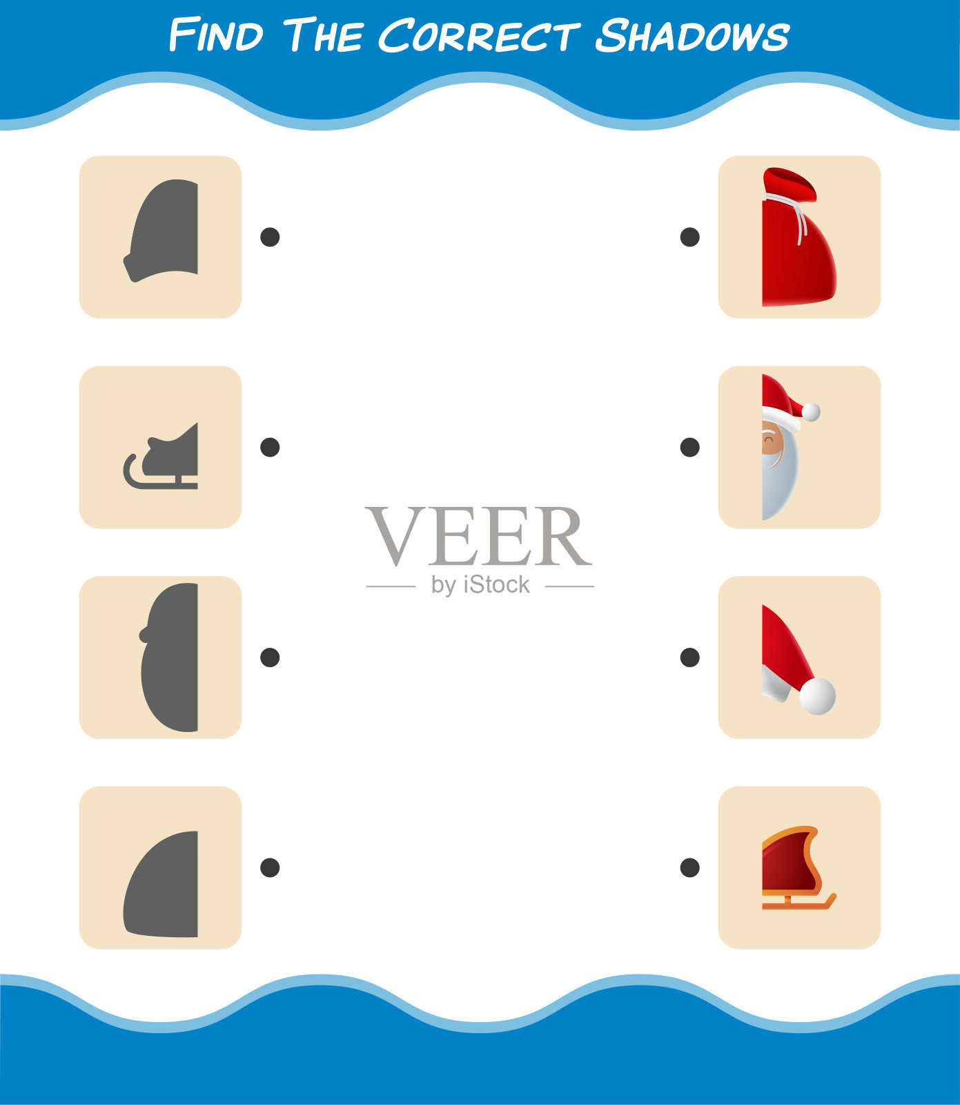 找到正确的卡通圣诞阴影。搜索与匹配游戏。学龄前儿童和幼儿的教育游戏插画图片素材