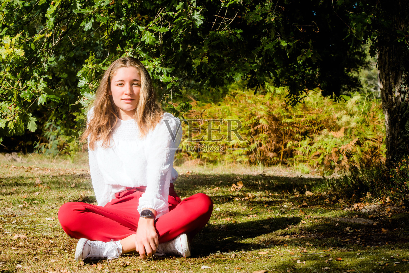 一个美丽的年轻女子的肖像在秋天的风景照片摄影图片