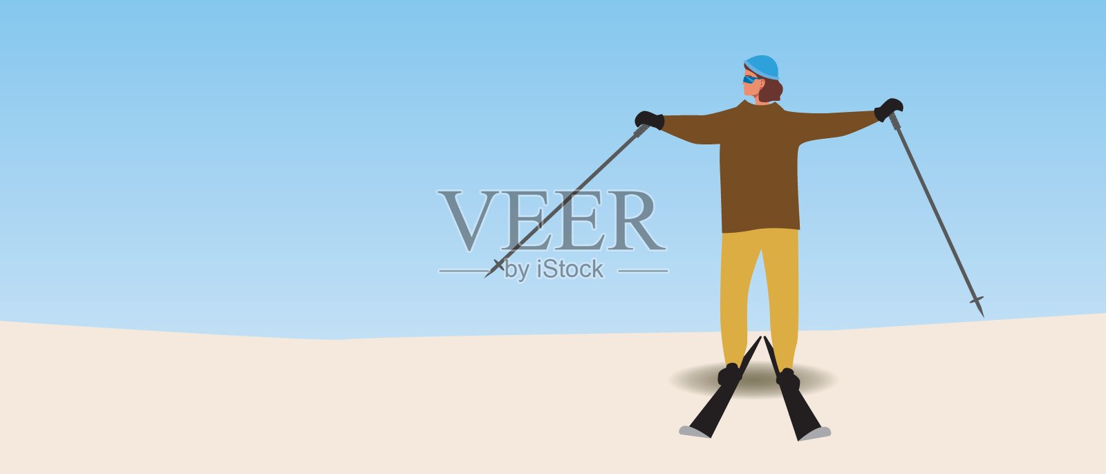 快乐的滑雪者滑雪,复制空间模板,平面矢量股票插图与女子运动员滑雪和冬季休闲滑雪插画图片素材