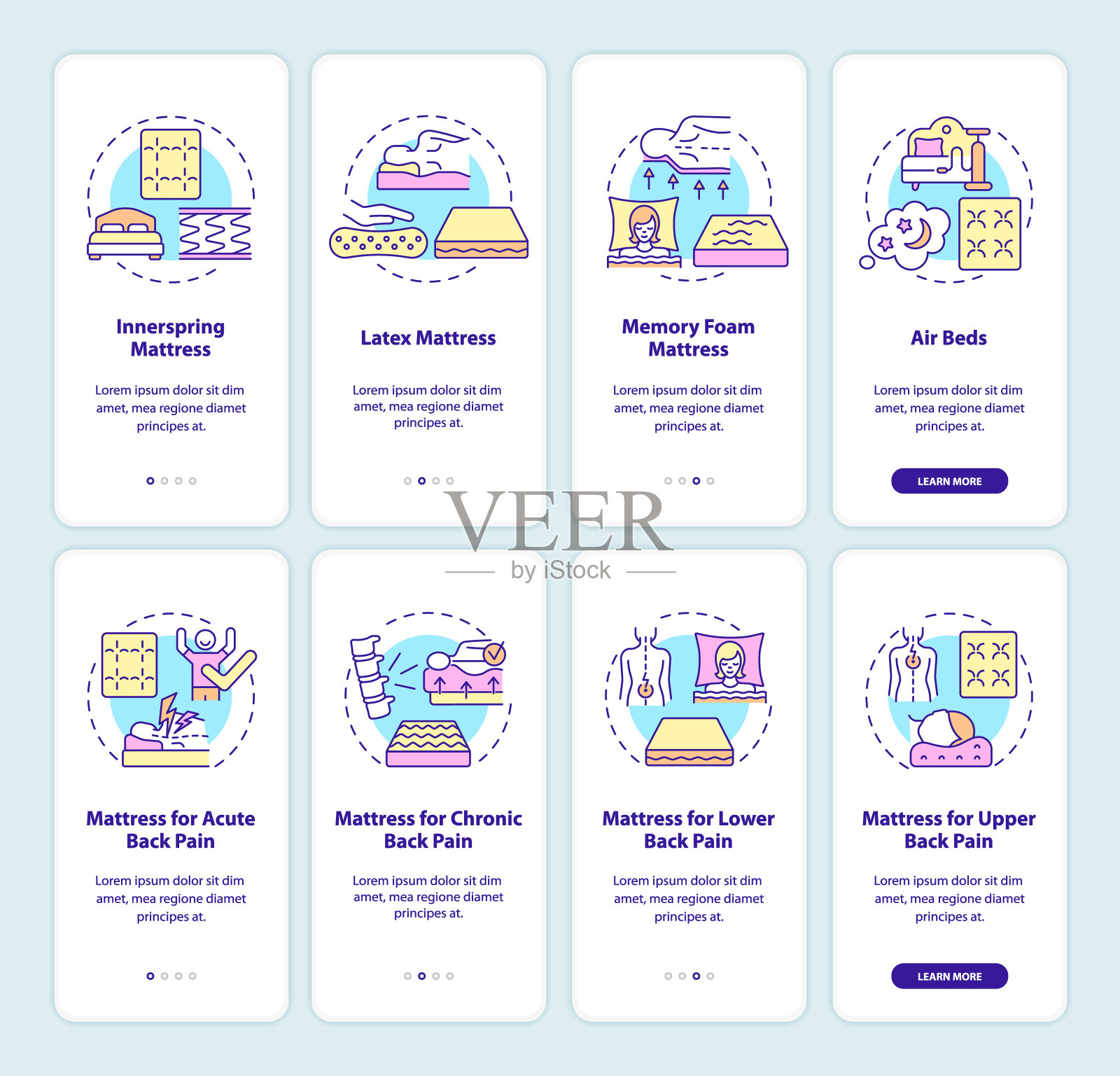 床垫和脊柱健康登机手机应用程序页面屏幕设置插画图片素材
