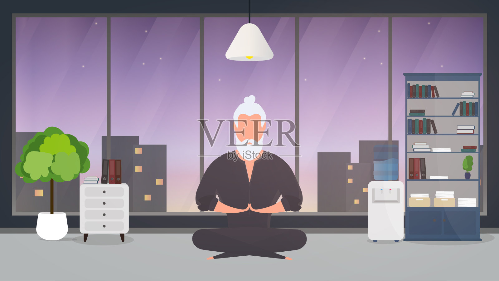 一个穿着黑色和服的男人在冥想。功夫大师。那家伙在做瑜伽。向量。插画图片素材