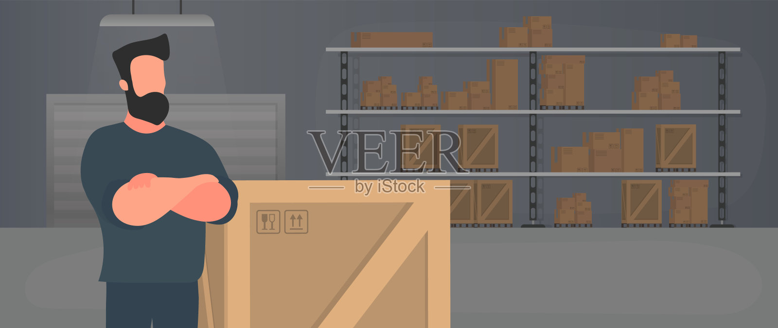 一个男人拿着一个大木箱站在那里。大的托盘。交付和运输概念。孤立。向量。插画图片素材