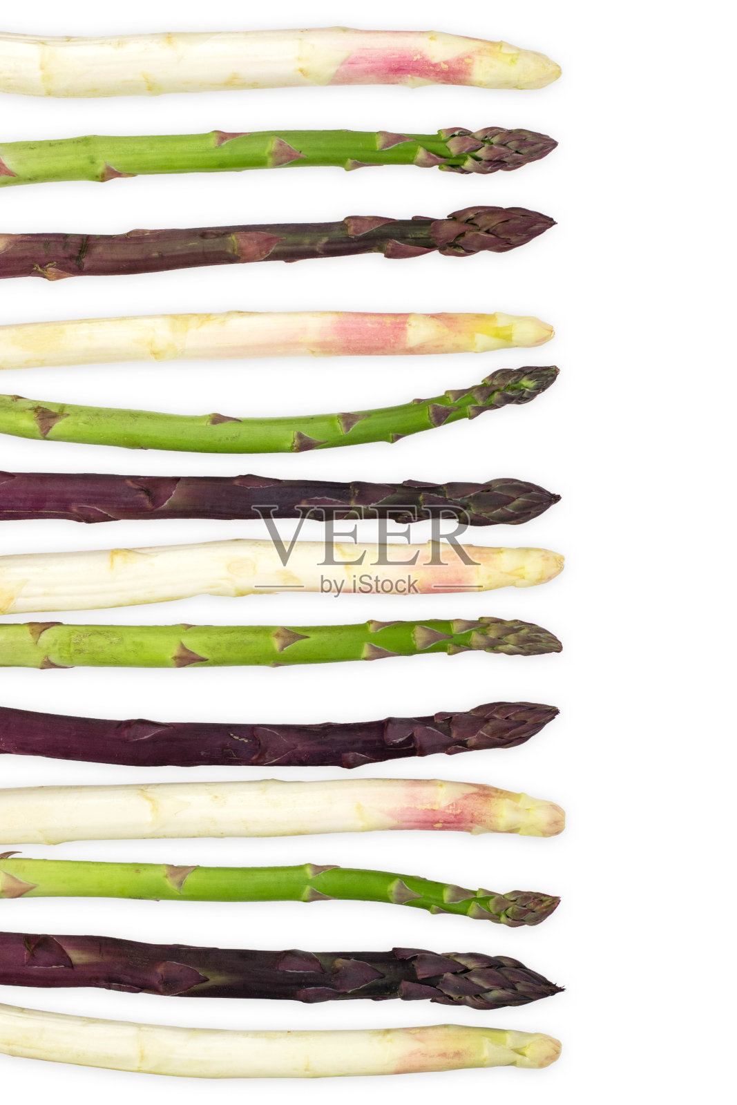 芦笋是一组健康的蔬菜,在白色的背景上孤立地排列成一排。紫绿色和白色芦笋。照片摄影图片
