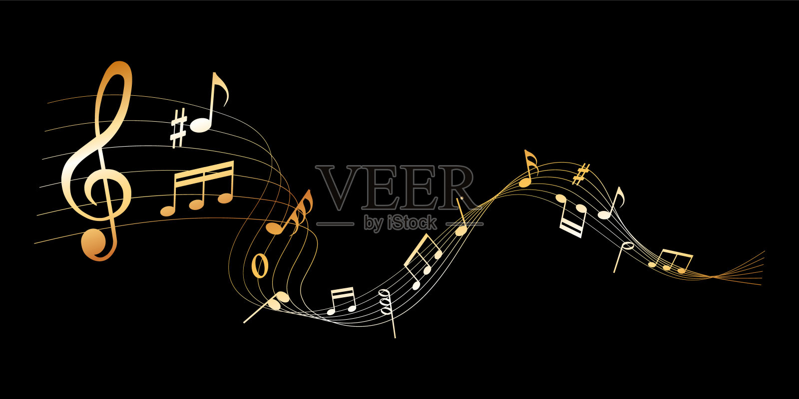矢量设计元素-乐谱-金色的音符旋律在黑暗的背景上插画图片素材