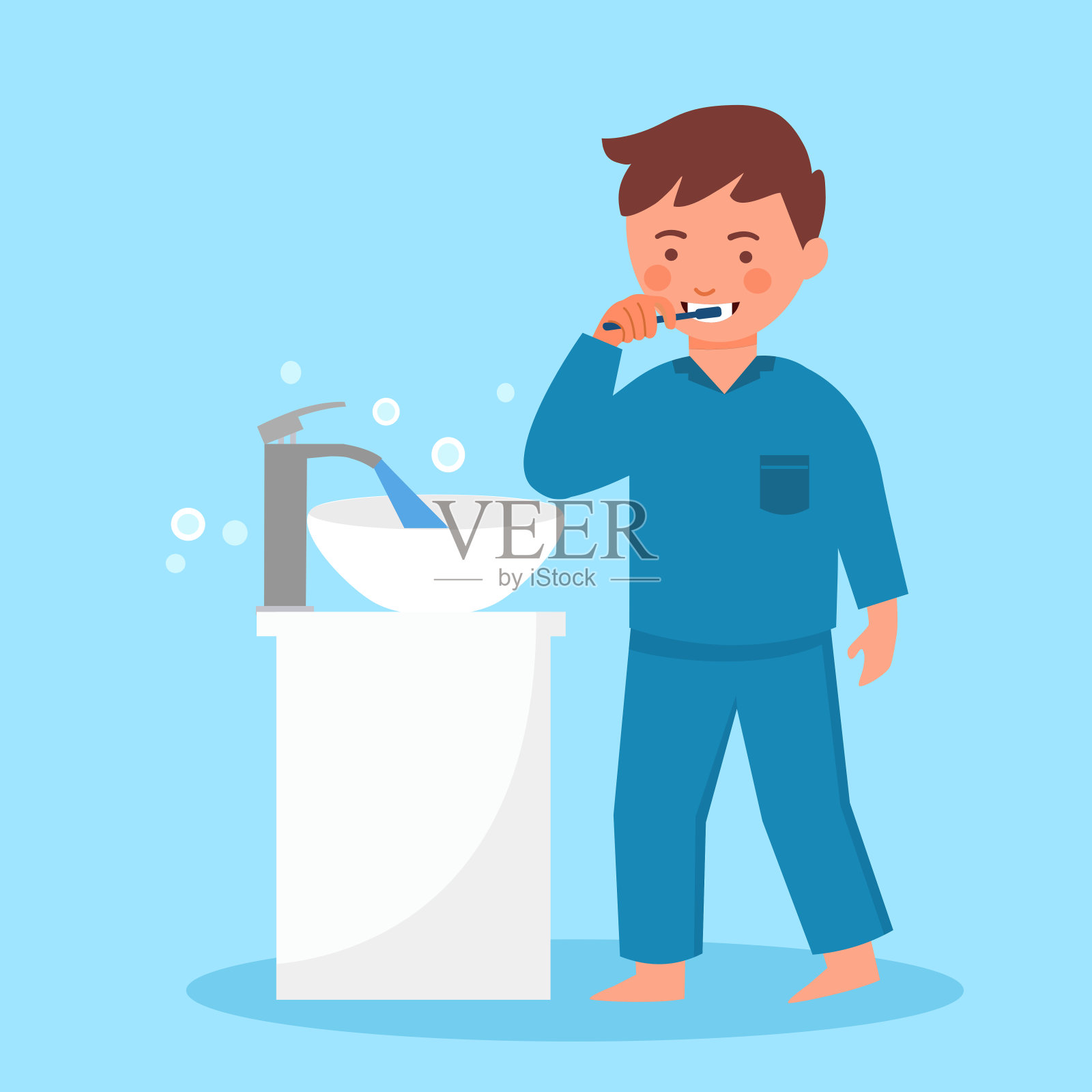 孩子们在平面设计的浴室里刷牙。孩子们刷牙是为了防止蛀牙。牙科保健。插画图片素材