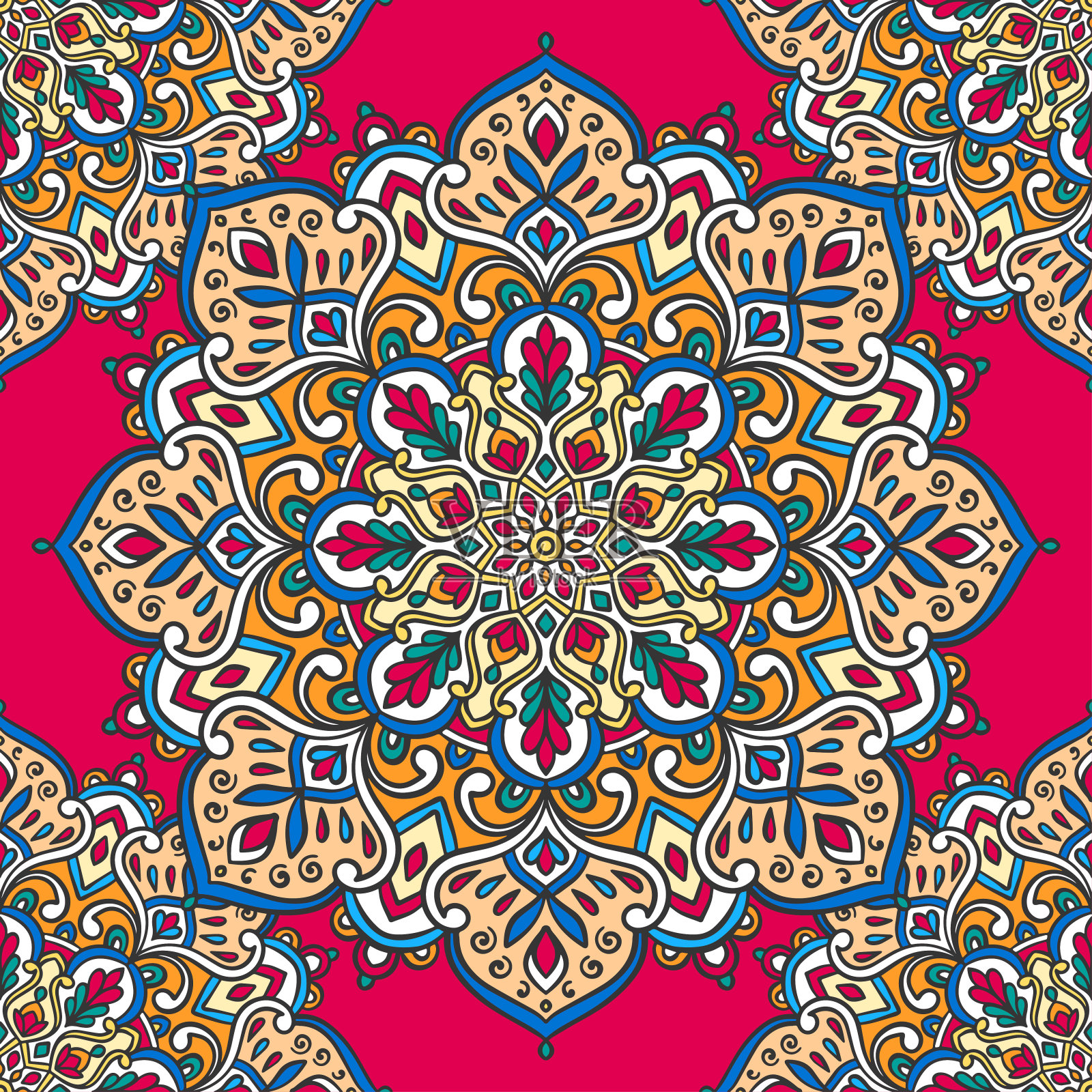 彩色无缝图案与曼陀罗装饰。传统阿拉伯语,印度主题。非常适合织物和纺织品,墙纸,包装或任何想要的想法。插画图片素材
