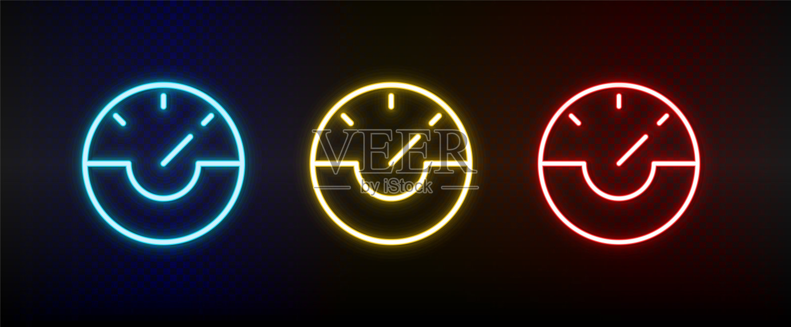 Dash, gauge, speed霓虹灯图标设置。红色,蓝色,黄色氖气矢量图标图标素材