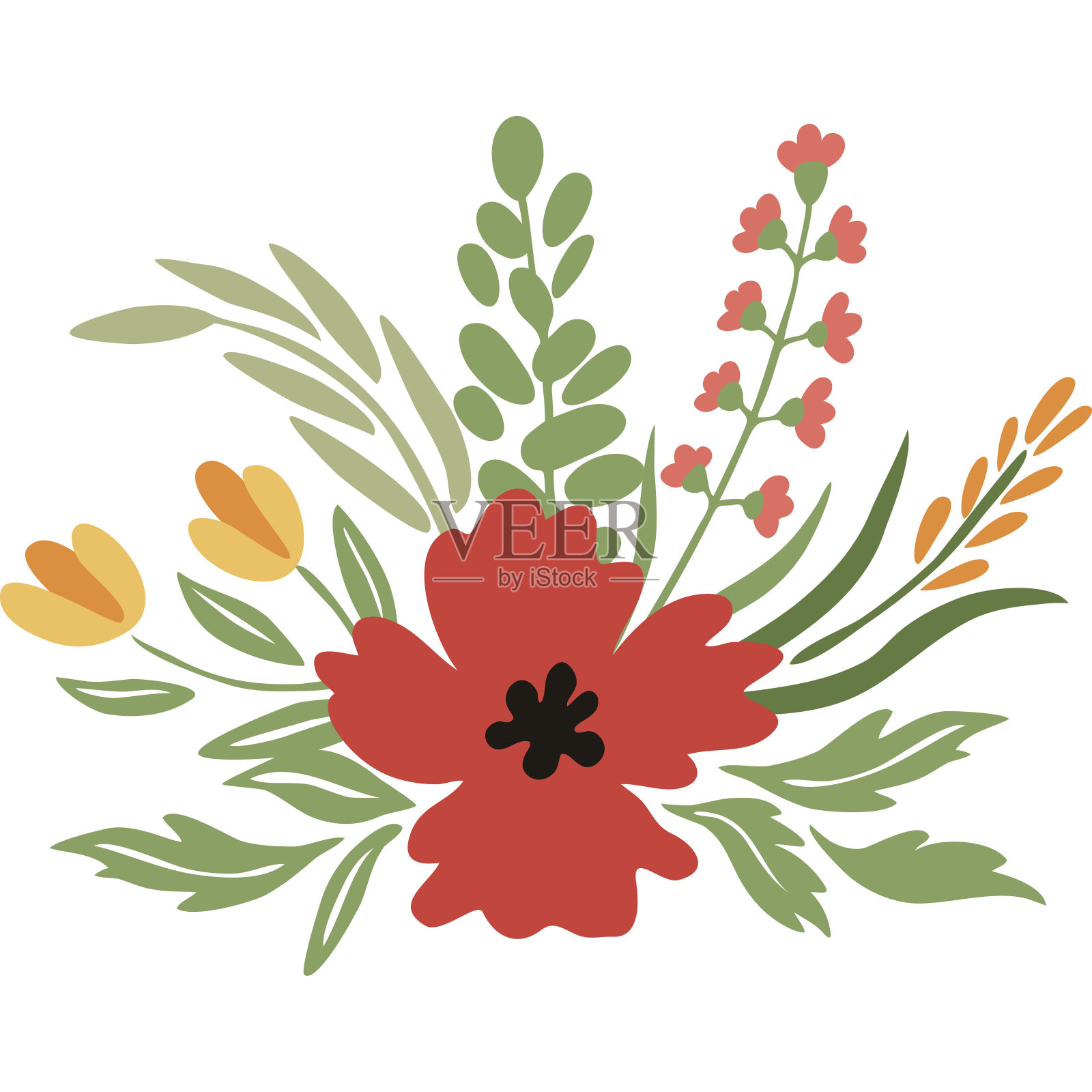 野生花卉和植物的抽象花束。插画图片素材