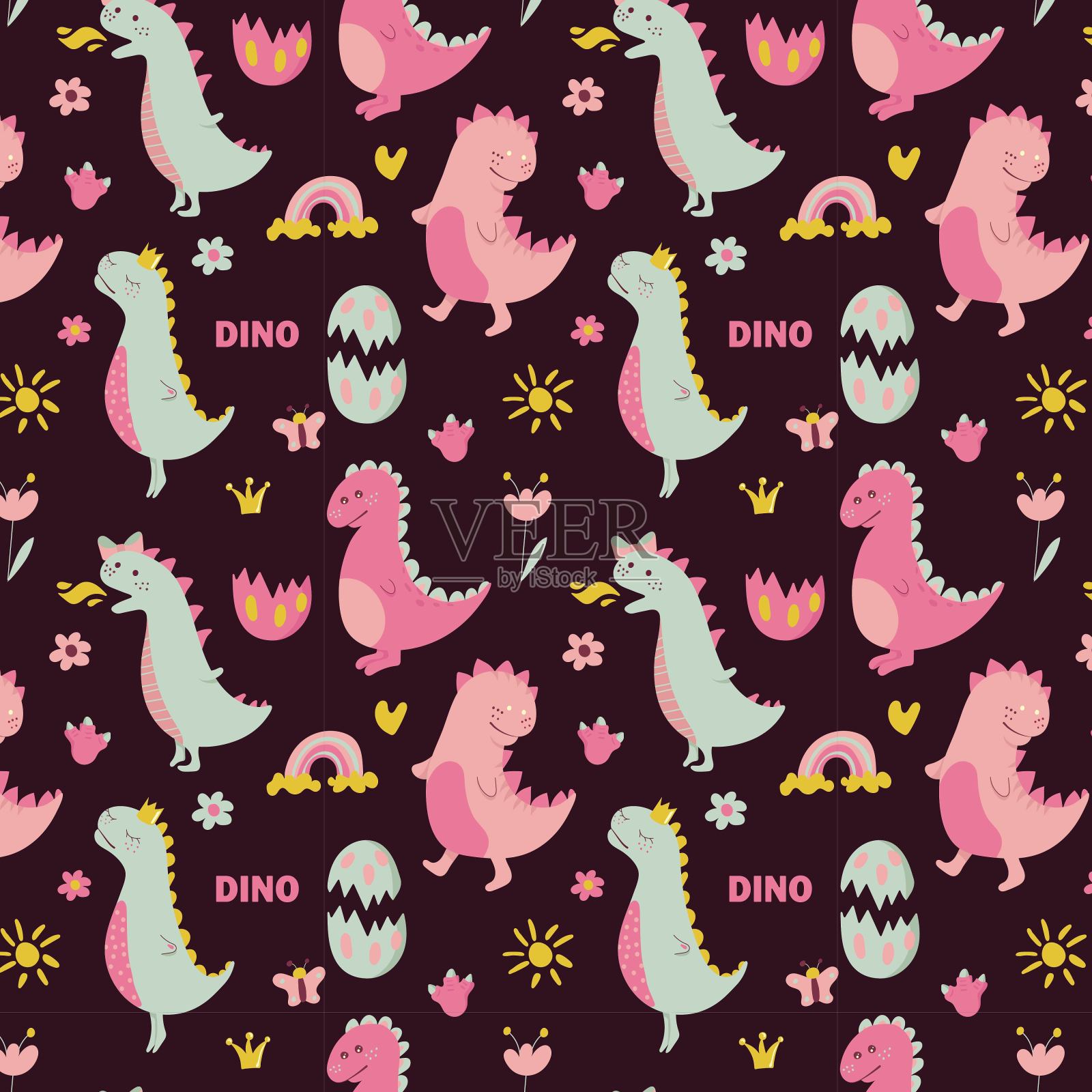在黑暗的背景上有趣的恐龙的无缝模式。粉红色的恐龙。纺织和织物背景。矢量图插画图片素材