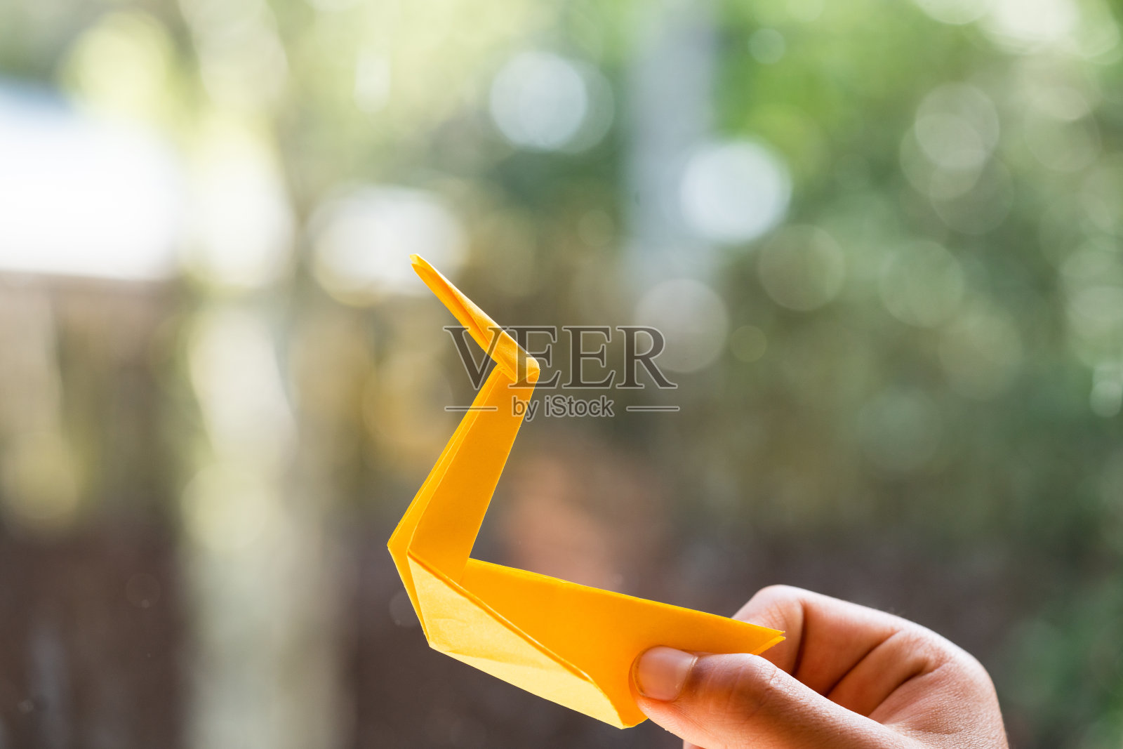 孩子拿着纸鹤。照片摄影图片