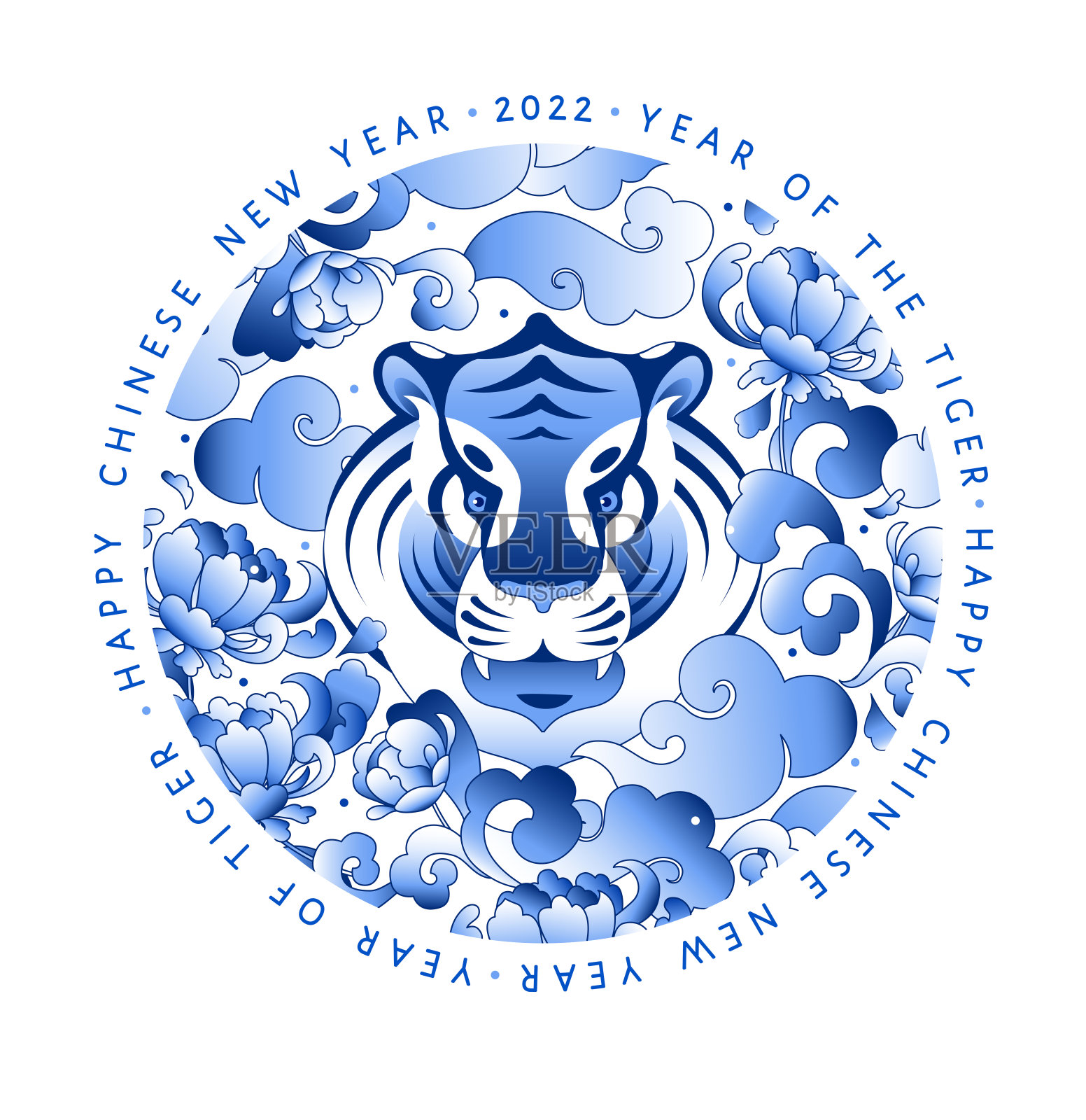 圆框2022年中国农历新年吉祥物蓝虎插画图片素材