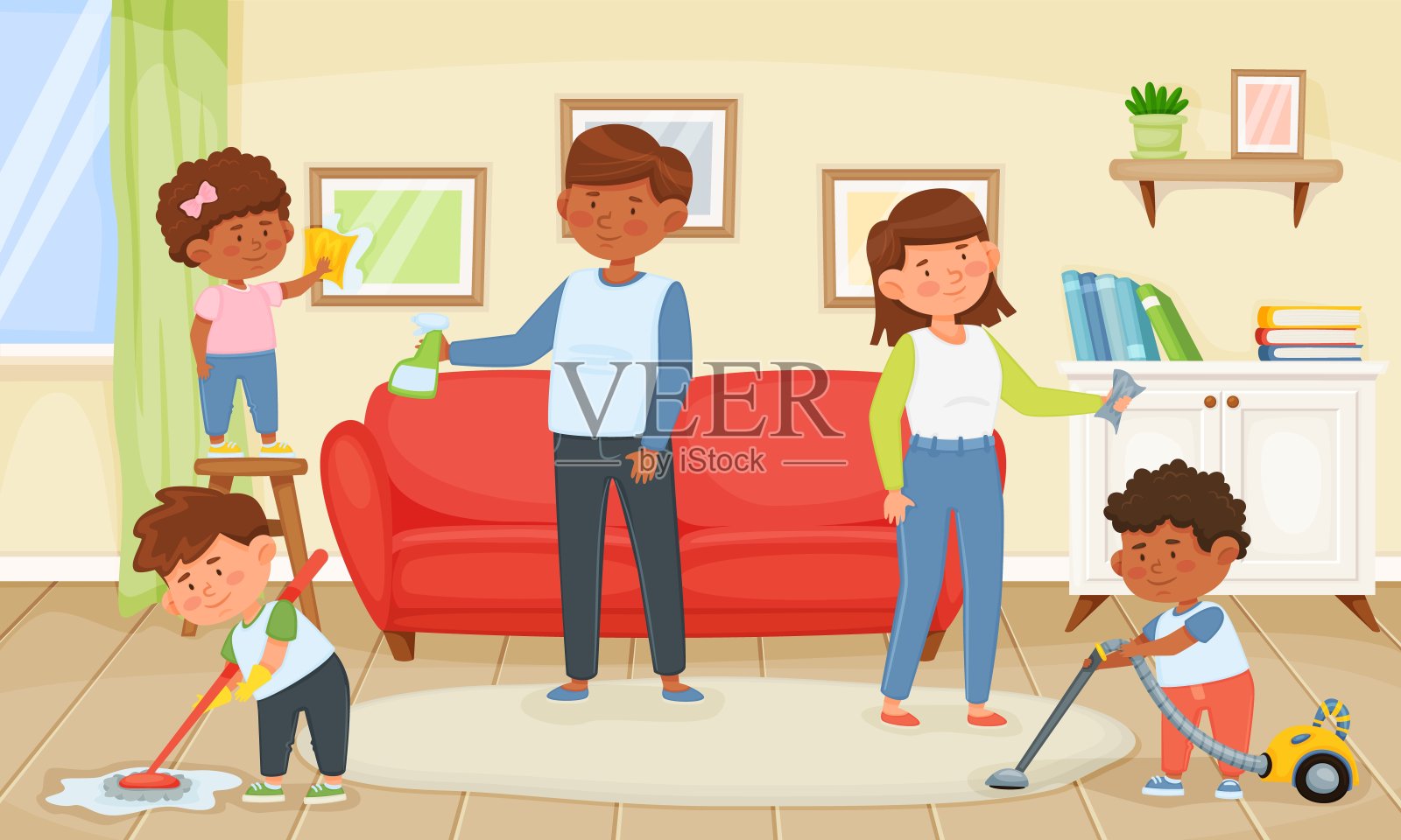 家庭打扫房屋,孩子帮助父母做家务。父亲和母亲与孩子灰尘和吸尘地板矢量插图插画图片素材