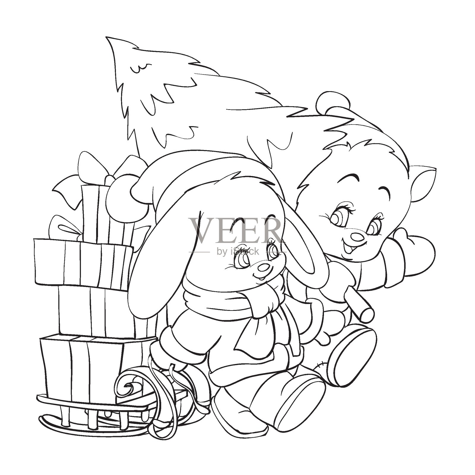 素描,新年和圣诞节,可爱的兔子和小猫,带着很多礼物在雪橇上,带着圣诞树,涂色书,卡通插图,白色背景上的孤立物体,矢量,插画图片素材