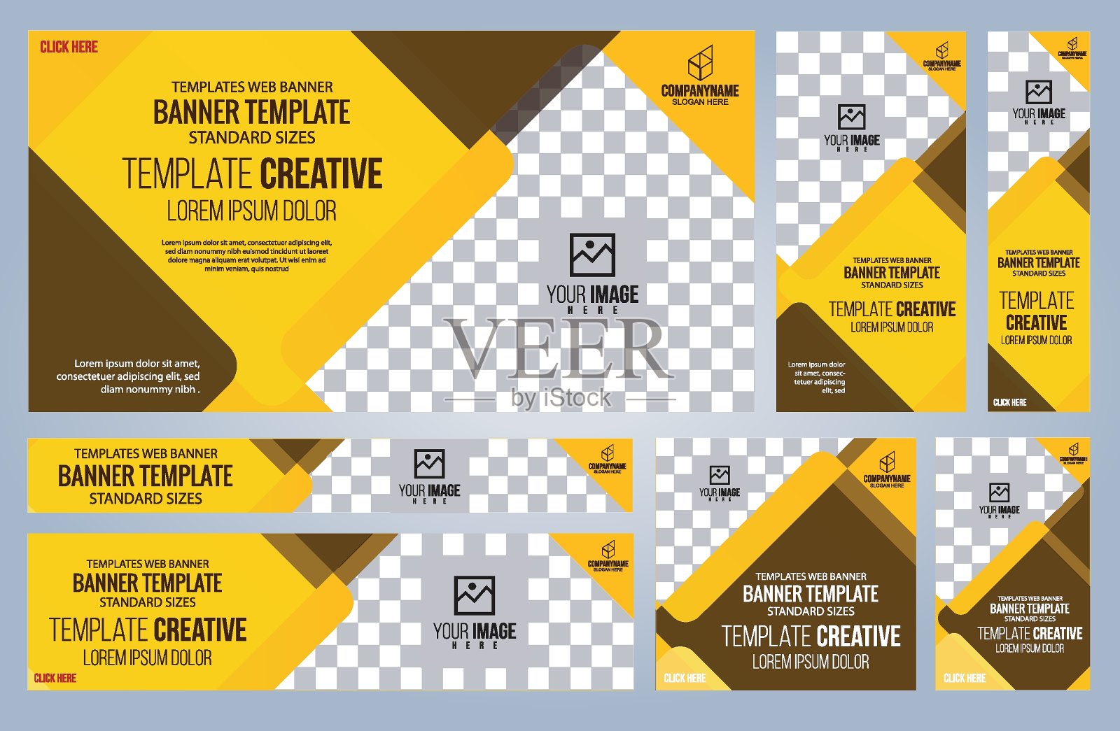套黄色和黑色的网页横幅模板,封面标准尺寸与空间。矢量图设计模板素材