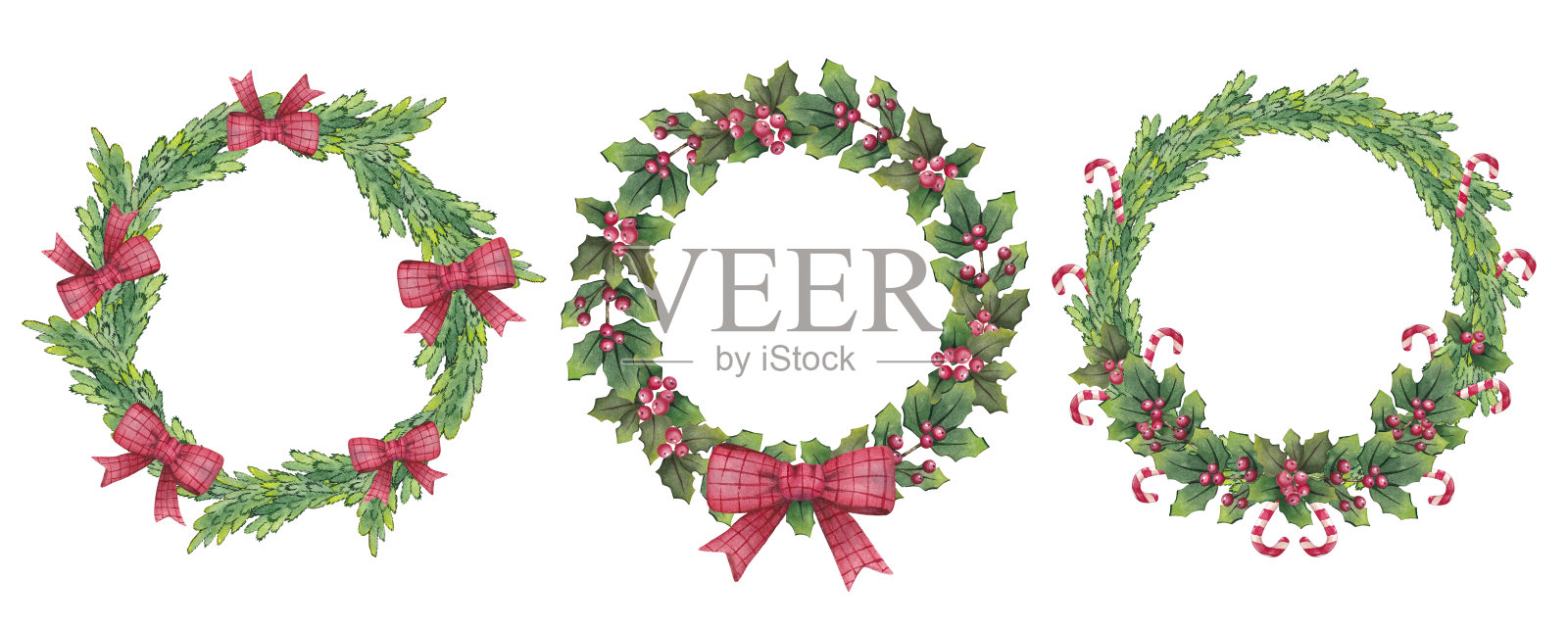 一套圣诞水彩画花环与冷杉树枝,绿叶,浆果和一个红色的弓。对于明信片,恭喜,墙纸,背景插画图片素材