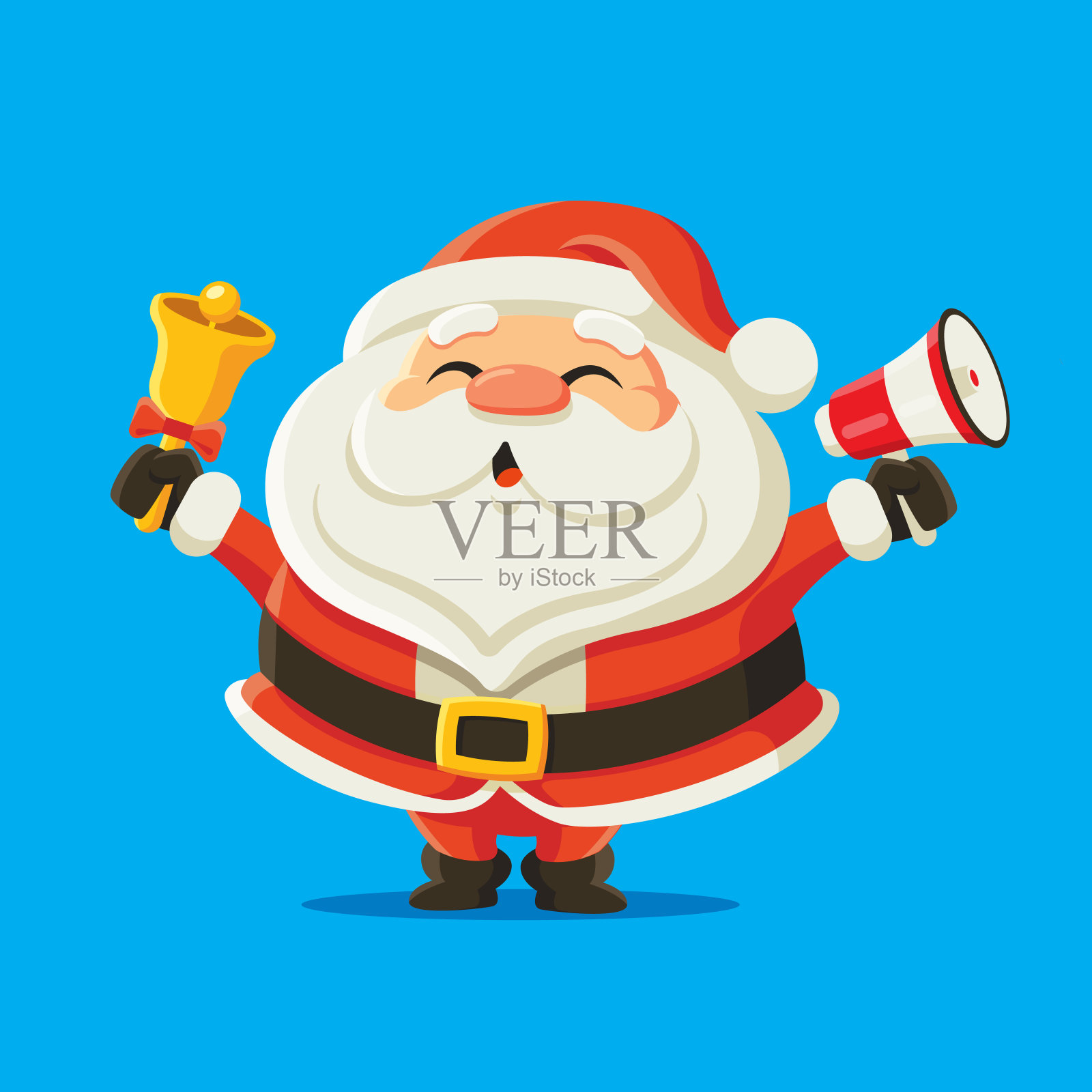 圣诞快乐。圣诞老人拿着铃铛和扩音器宣布事情。矢量角色插画图片素材