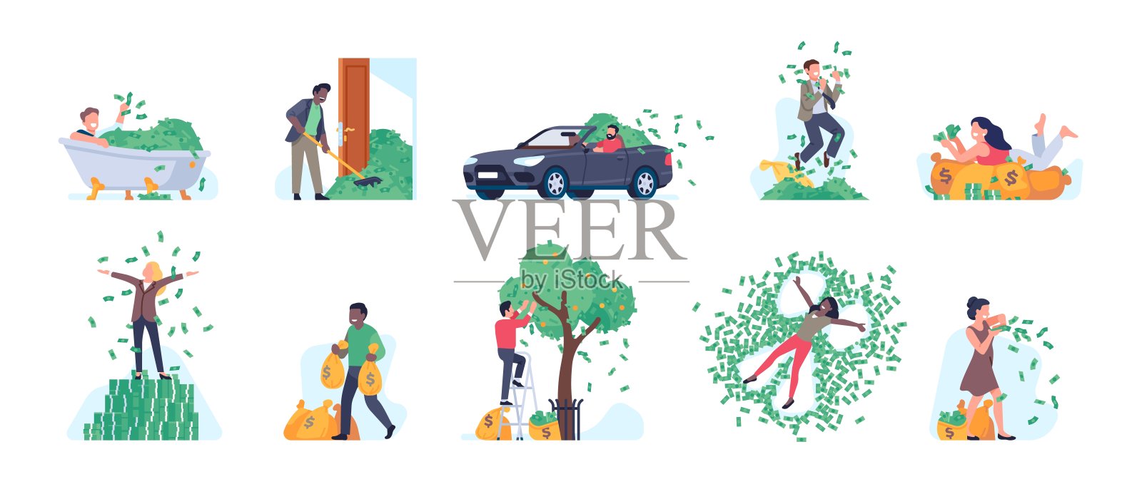 人的钱。丰富的人物。男人和女人扔钞票。金融的成功。百万富翁在美元中游泳。富有的成功商人。向量富人集插画图片素材