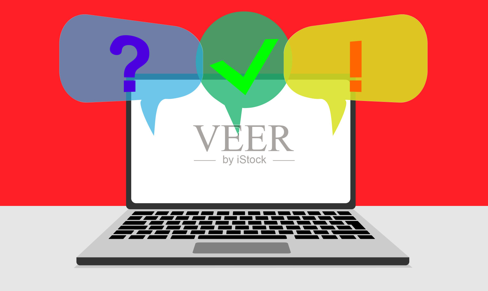 笔记本电脑现代无框与空白屏幕隔离。带有勾号或勾号通知、问号和感叹号的图标。电脑屏幕在线考试。完成任务的想法。插画图片素材