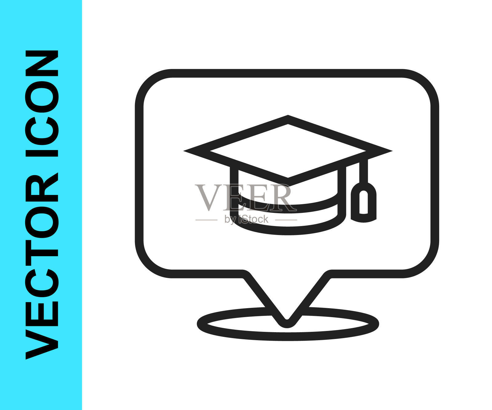 黑线毕业帽在演讲气泡图标孤立在白色的背景。带流苏图标的毕业帽。向量图标素材