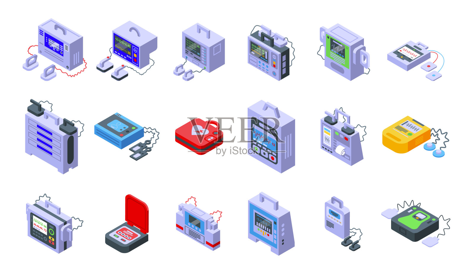 去纤颤器的图标集。图标素材