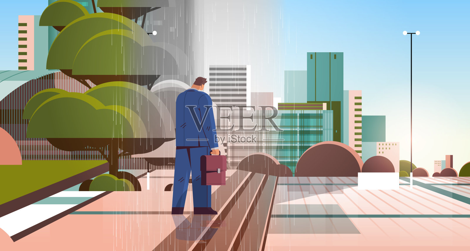 在雨中行走感到绝望的男人:心理健康、失业和抑郁插画图片素材