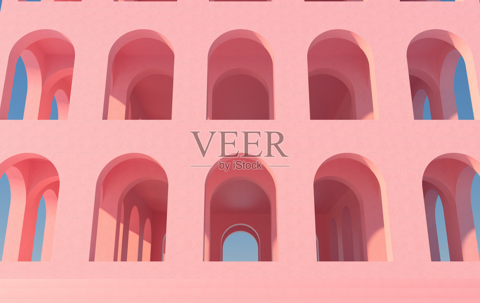 3 d渲染。拱形走廊粉色几何背景,建筑走廊,拱形立柱,空墙。古老的房屋旗帜旅游介绍照片摄影图片