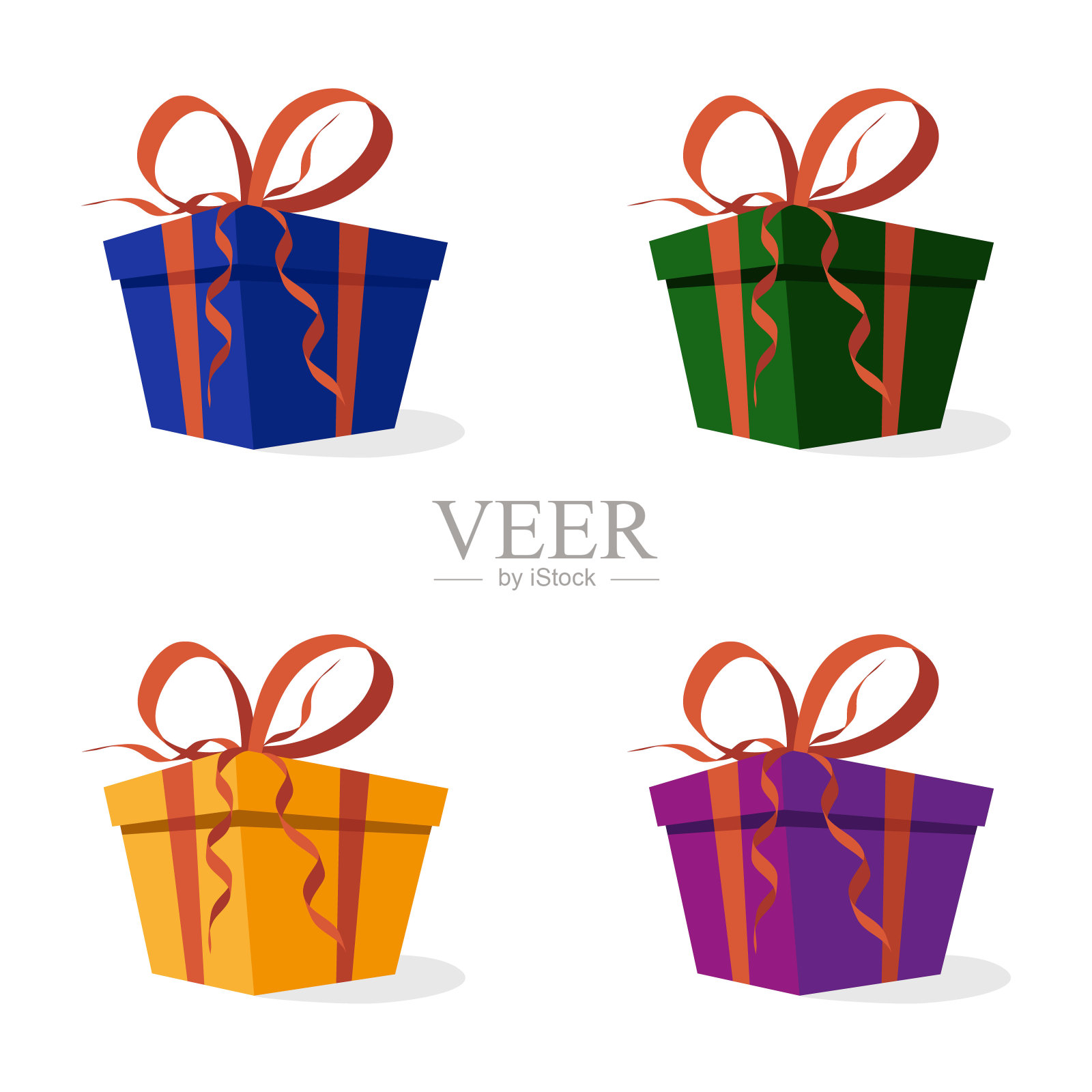 在向量的蝴蝶结和丝带的一套礼品盒。蓝色,绿色,紫色和黄色的礼品盒,生日,新年或圣诞节的礼物概念插画图片素材