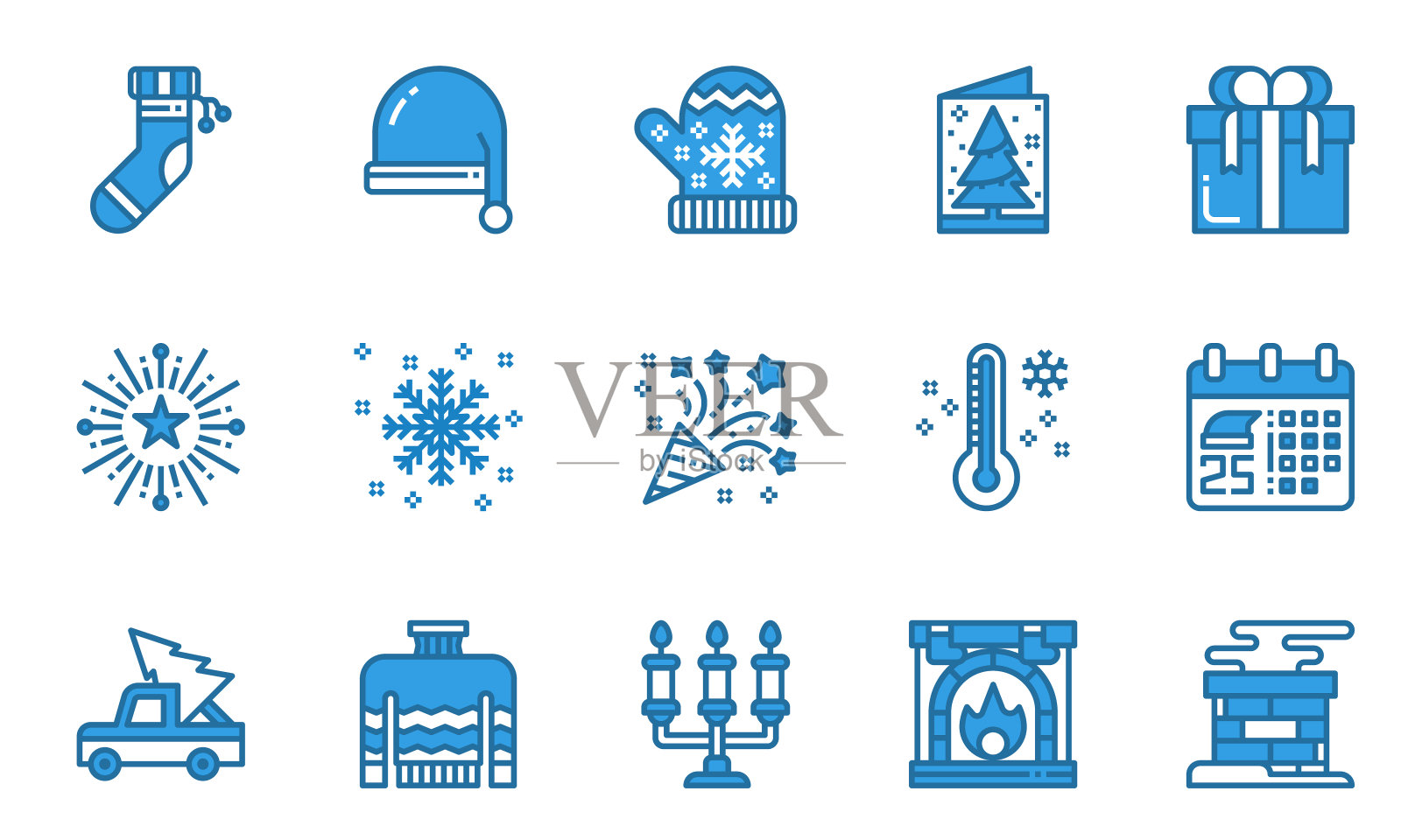 圣诞节图标蓝线矢量插图,冬天,雪,圣诞节插画图片素材