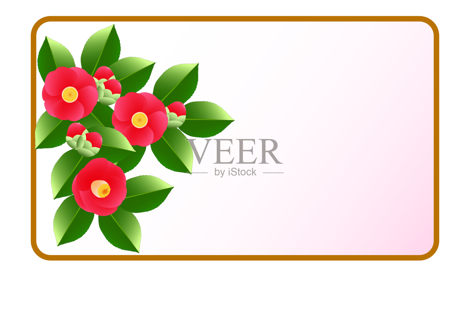 画框上装饰着红色的茶花、嫩芽和绿叶插画图片素材