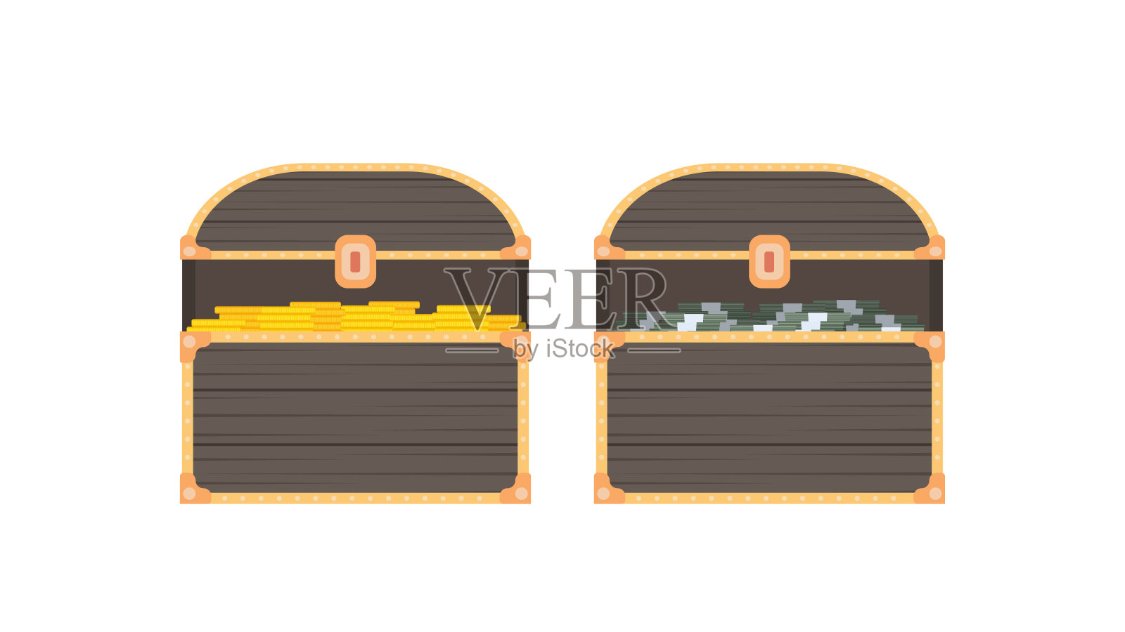 一套装有钱的旧箱子。在平的风格打开和关闭旧的胸部。向量。插画图片素材